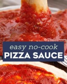 This recipe for Homemade Pizza Sauce is ready in just 5 minutes! No cooking, no blender or food processor, just whisk and enjoy! Loaded with flavor, it's great for topping pizzas, dipping, and more! #pizza #sauce #homemade