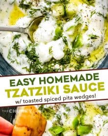 This cool and creamy Homemade Tzatziki Sauce is perfect on all kinds of grilled meats, but also with spiced toasted pita wedges and crunchy fresh vegetables! #tzatziki #greek #sauce #yogurt