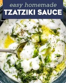 This cool and creamy Homemade Tzatziki Sauce is perfect on all kinds of grilled meats, but also with spiced toasted pita wedges and crunchy fresh vegetables! #tzatziki #greek #sauce #yogurt