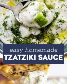 This cool and creamy Homemade Tzatziki Sauce is perfect on all kinds of grilled meats, but also with spiced toasted pita wedges and crunchy fresh vegetables! #tzatziki #greek #sauce #yogurt