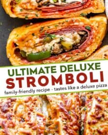 This Stromboli is loaded with Italian meats, cheeses and vegetables, and all wrapped up in a crispy cheesy crust. Like a deluxe pizza, all rolled up like a burrito. Great for a busy weeknight when you use store bought pizza dough! #pizza #stromboli #italian