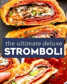 This Stromboli is loaded with Italian meats, cheeses and vegetables, and all wrapped up in a crispy cheesy crust. Like a deluxe pizza, all rolled up like a burrito. Great for a busy weeknight when you use store bought pizza dough! #pizza #stromboli #italian