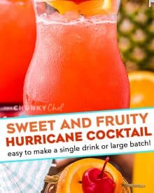 With just one sip, this Hurricane Cocktail will make you feel like you’re on an island vacation! Easy to make just a single drink, or scale it up for a party! #rum #cocktail #drink