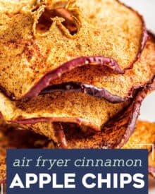 These Cinnamon Apple Chips are a healthy and delicious snack, made easily in the air fryer! Great way to use Fall apples, and this recipe is a family favorite! #applechips #fall #airfryer