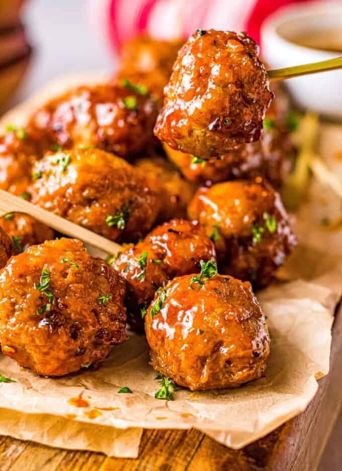 firecracker chicken meatball on a toothpick