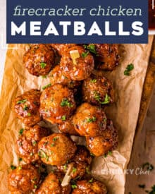 No more boring chicken meatballs! These Firecracker Chicken Meatballs are delicious on their own, but SO much better with the sweet, savory and spicy firecracker sauce! Perfect for a party or fun dinner! #appetizer #meatballs #firecracker #airfryer