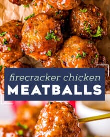 No more boring chicken meatballs! These Firecracker Chicken Meatballs are delicious on their own, but SO much better with the sweet, savory and spicy firecracker sauce! Perfect for a party or fun dinner! #appetizer #meatballs #firecracker #airfryer