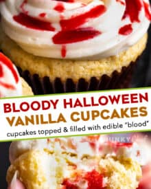 These bloody cupcakes are a delicious way to celebrate Halloween. Moist vanilla cupcakes, smooth vanilla buttercream, and the homemade fake blood really sets the spooky mood! #Halloween #cupcakes #baking