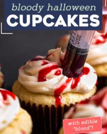 These bloody cupcakes are a delicious way to celebrate Halloween. Moist vanilla cupcakes, smooth vanilla buttercream, and the homemade fake blood really sets the spooky mood! #Halloween #cupcakes #baking