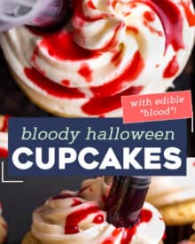 These bloody cupcakes are a delicious way to celebrate Halloween. Moist vanilla cupcakes, smooth vanilla buttercream, and the homemade fake blood really sets the spooky mood! #Halloween #cupcakes #baking