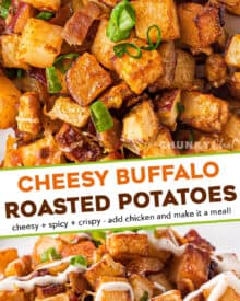 These crispy Cheesy Buffalo Roasted Potatoes are the side dish you never knew you needed in your life! Spiced potatoes, tangy hot sauce, gooey cheese, crispy bacon, fresh green onions... and top it all off with a drizzle of ranch or blue cheese dressing! #sidedish #potatoes #buffalo