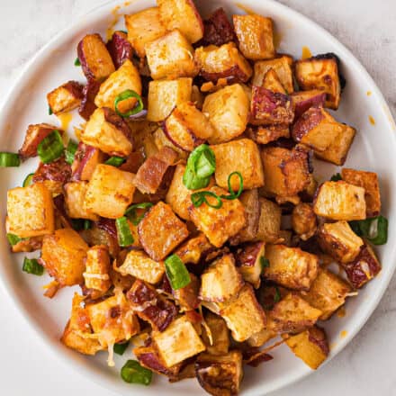 buffalo roasted potatoes on white plate