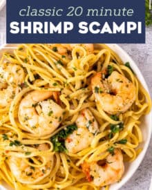 Shrimp Scampi is made with big, juicy shrimp that are cooked in a garlic butter wine sauce! Made in 20 minutes, including prep, it's perfect for a weeknight dinner. Serve with crusty bread, or over some al dente pasta! #shrimp #scampi #seafood #easydinner