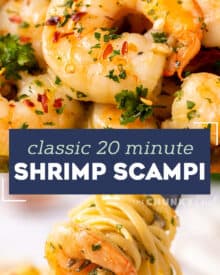 Shrimp Scampi is made with big, juicy shrimp that are cooked in a garlic butter wine sauce! Made in 20 minutes, including prep, it's perfect for a weeknight dinner. Serve with crusty bread, or over some al dente pasta! #shrimp #scampi #seafood #easydinner