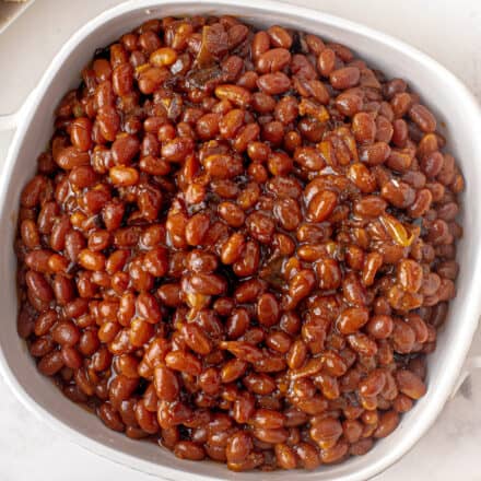 white bowl of baked beans