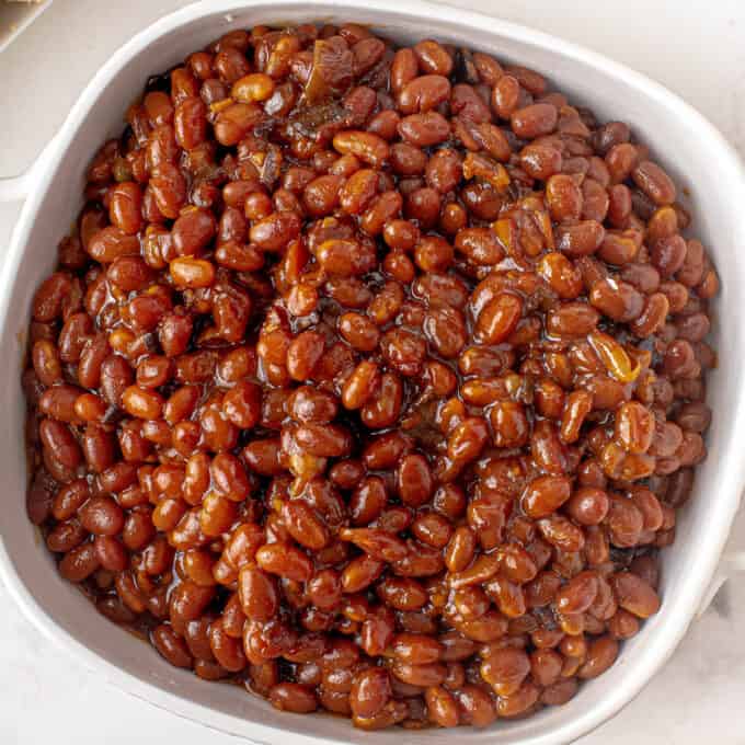 white bowl of baked beans