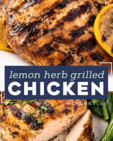 This Lemon Herb Grilled Chicken is juicy and beautifully charred. The easy marinade is perfect for not only chicken, but pork and seafood too. It's a great versatile chicken recipe! #grilled #chicken #lemon