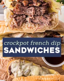 These Slow Cooker French Dip Sandwiches are made with ultra tender roasted beef, melted provolone cheese, soft hoagie bread, and dipped into an amazing au jus sauce. Perfect cold weather comfort food for the whole family! #frenchdip #sandwich #slowcooker #crockpot