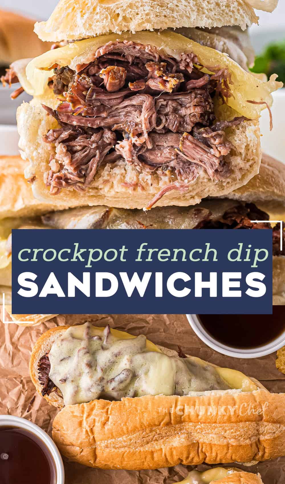 These Slow Cooker French Dip Sandwiches are made with ultra tender roasted beef, melted provolone cheese, soft hoagie bread, and dipped into an amazing au jus sauce. Perfect cold weather comfort food for the whole family! #frenchdip #sandwich #slowcooker #crockpot