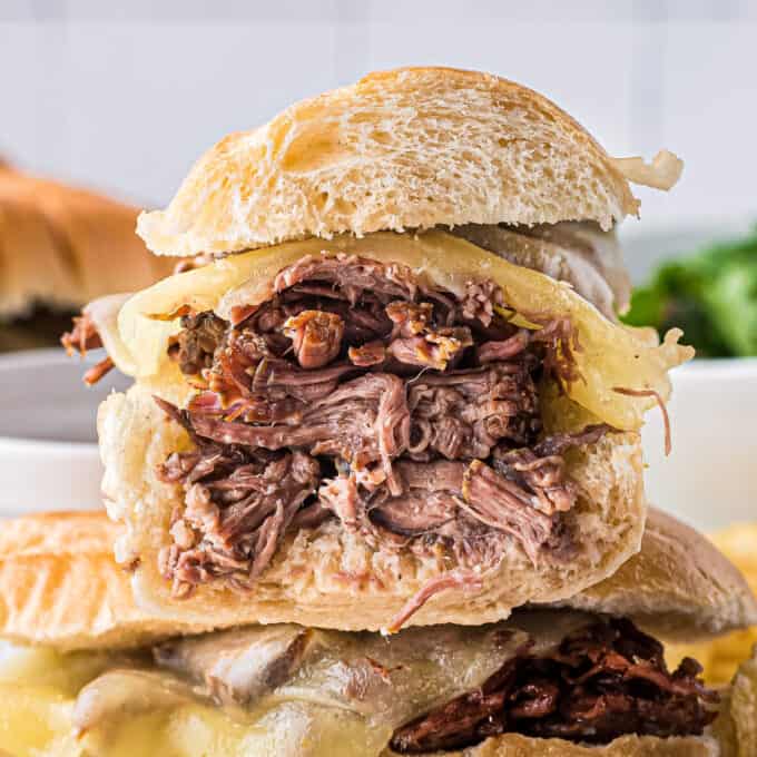 closeup view of cut open french dip sandwich