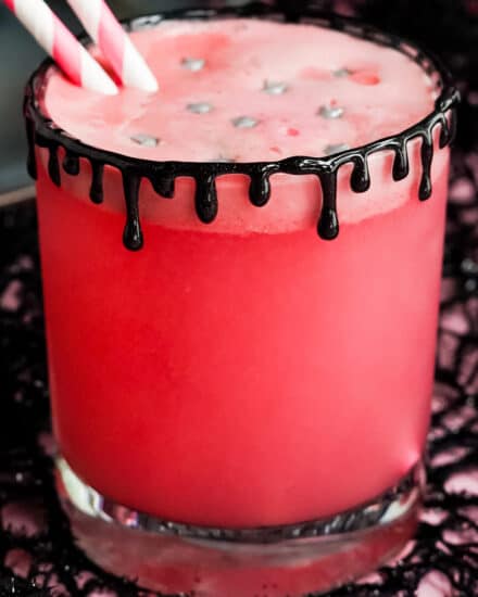 This sweet and fun drink is great for Halloween, Valentine's day and more! Easy to make, fun to drink, and can easily be turned into a cocktail if you wanted. #drink #halloween #pink