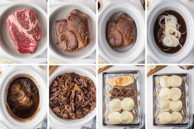 step by step how to make french dip sandwiches in the slow cooker