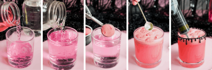 step by step how to make a pink witch drink for halloween