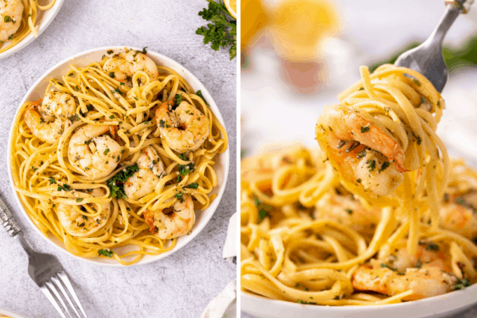 serving shrimp scampi on pasta