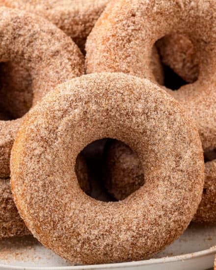 These Baked Apple Cider Donuts are soft and tender, full of warm Fall spices, and covered in a crunchy cinnamon sugar coating! Everything you love about apple cider, in a fun donut! #applecider #donuts #baking