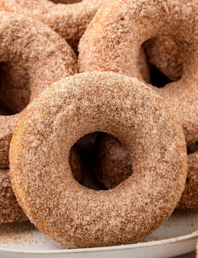 These Baked Apple Cider Donuts are soft and tender, full of warm Fall spices, and covered in a crunchy cinnamon sugar coating! Everything you love about apple cider, in a fun donut! #applecider #donuts #baking