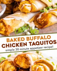 These Buffalo Chicken Taquitos are the perfect crowd-pleasing appetizer! Cheesy buffalo chicken filling is rolled up in flour tortillas and baked until crispy. Serve with an easy buffalo ranch and sprinkled with green onions and blue cheese crumbles! #buffalochicken #taquitos #appetizer #partyfood