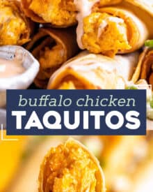 These Buffalo Chicken Taquitos are the perfect crowd-pleasing appetizer! Cheesy buffalo chicken filling is rolled up in flour tortillas and baked until crispy. Serve with an easy buffalo ranch and sprinkled with green onions and blue cheese crumbles! #buffalochicken #taquitos #appetizer #partyfood