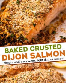 This Baked Crusted Dijon Salmon is light and flaky, and ready in just 30 minutes. Tender salmon filets are brushed with a honey dijon butter, then crusted with a mixture of breadcrumbs, pecans, and herbs and spices. It's the perfect quick and easy weeknight dinner! #salmon #dijon #easydinner