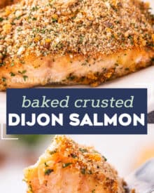 This Baked Crusted Dijon Salmon is light and flaky, and ready in just 30 minutes. Tender salmon filets are brushed with a honey dijon butter, then crusted with a mixture of breadcrumbs, pecans, and herbs and spices. It's the perfect quick and easy weeknight dinner! #salmon #dijon #easydinner