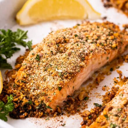 crusted salmon on baking sheet