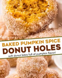 These light and fluffy pumpkin spice donut holes are baked instead of fried, and decadently dipped in butter and rolled in cinnamon sugar. They're the perfect Fall breakfast or treat! #pumpkin #donutholes #pumpkinspice