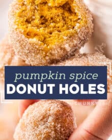 These light and fluffy pumpkin spice donut holes are baked instead of fried, and decadently dipped in butter and rolled in cinnamon sugar. They're the perfect Fall breakfast or treat! #pumpkin #donutholes #pumpkinspice