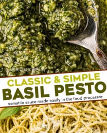 This Classic Basil Pesto recipe is made in just 15 minutes with plenty of fresh basil, parsley, pine nuts, garlic, olive oil and Parmesan cheese. Perfect on pasta, sandwiches, drizzled over veggies or pizza, stirred into Alfredo sauce, used in soups, and more! #pesto #sauce #Italian