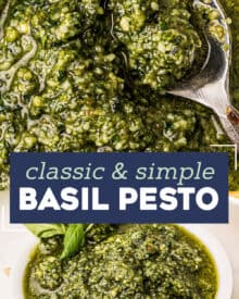 This Classic Basil Pesto recipe is made in just 15 minutes with plenty of fresh basil, parsley, pine nuts, garlic, olive oil and Parmesan cheese. Perfect on pasta, sandwiches, drizzled over veggies or pizza, stirred into Alfredo sauce, used in soups, and more! #pesto #sauce #Italian
