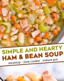 This ultra hearty Ham and Bean Soup is perfect for using up that leftover holiday ham! After all the holiday cooking, you could use something soul-warming and comforting. #soup #ham #beans #holiday