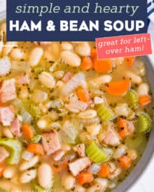 This ultra hearty Ham and Bean Soup is perfect for using up that leftover holiday ham! After all the holiday cooking, you could use something soul-warming and comforting. #soup #ham #beans #holiday