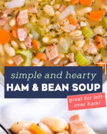 This ultra hearty Ham and Bean Soup is perfect for using up that leftover holiday ham! After all the holiday cooking, you could use something soul-warming and comforting. #soup #ham #beans #holiday