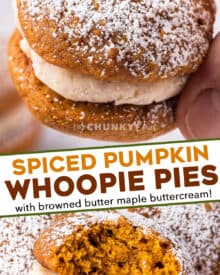 Soft and moist spiced pumpkin cookies sandwiched together with a browned butter maple buttercream that is out of this world delicious! They're the perfect Fall baking treat! #pumpkin #whoopiepies #pumpkinspice