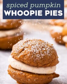 Soft and moist spiced pumpkin cookies sandwiched together with a browned butter maple buttercream that is out of this world delicious! They're the perfect Fall baking treat! #pumpkin #whoopiepies #pumpkinspice