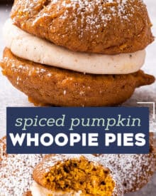 Soft and moist spiced pumpkin cookies sandwiched together with a browned butter maple buttercream that is out of this world delicious! They're the perfect Fall baking treat! #pumpkin #whoopiepies #pumpkinspice