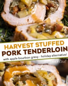 This Stuffed Pork Tenderloin with Apple Bourbon Gravy is the perfect alternative to a huge turkey on your holiday menu! Juicy pork wrapped around a sweet and savory filling made from apples, onions, bacon and herbs, roasted, then smothered in an apple cider bourbon gravy that is out of this world delicious. #pork #tenderloin #holiday #stuffed