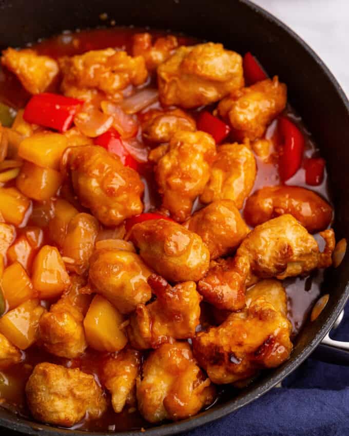 skillet with sweet and sour chicken