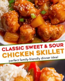 This Sweet and Sour Chicken Skillet is the perfect family dinner! Chicken is fried until crispy, added to a skillet with sautéed bell peppers, onions and pineapple, and tossed in an amazing takeout style sweet and sour sauce! #sweetandsour #chicken #chinese #takeout