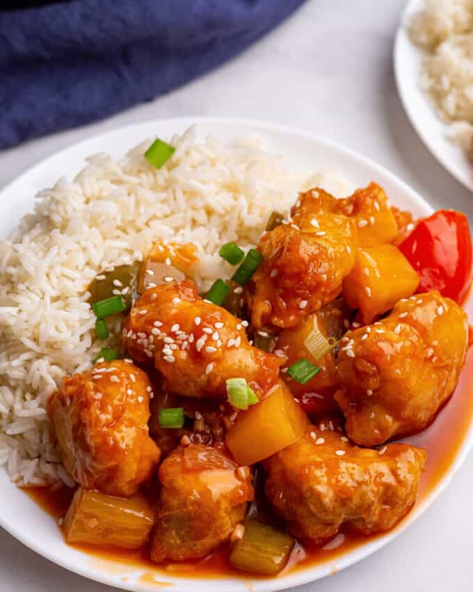 serving of sweet and sour chicken on plate with rice