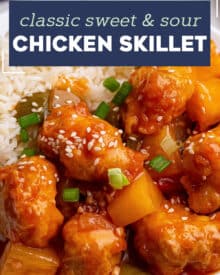 This Sweet and Sour Chicken Skillet is the perfect family dinner! Chicken is fried until crispy, added to a skillet with sautéed bell peppers, onions and pineapple, and tossed in an amazing takeout style sweet and sour sauce! #sweetandsour #chicken #chinese #takeout